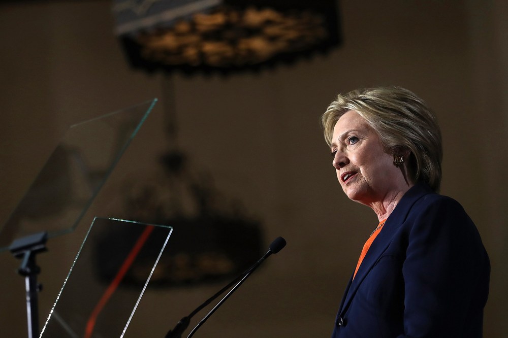 Democratic presidential candidate former Secretary of State Hillary Clinton delivers a national security address on June 2, 2016 in San Diego, Calif. (Photo by Justin Sullivan/Getty)