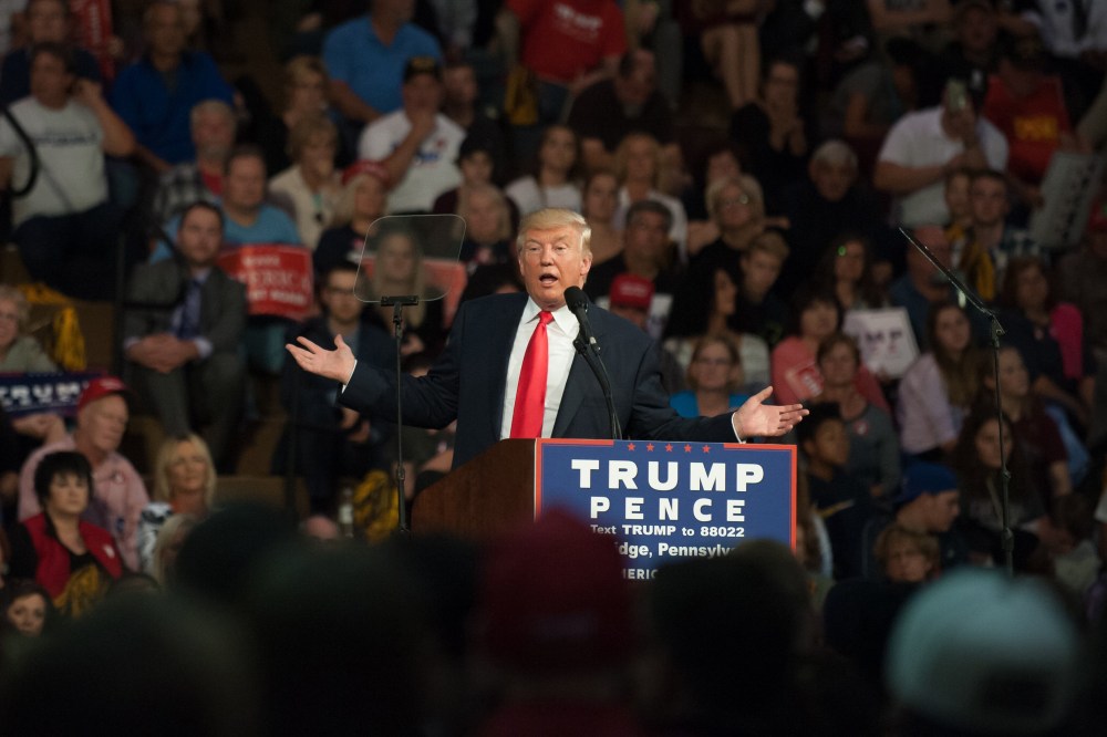 Republican candidate for President Donald J Trump speaks to supporters at a rally at Ambridge Area Senior High School on Oct. 10, 2016 in Ambridge, Pa. (Photo by Jeff Swensen/Getty)