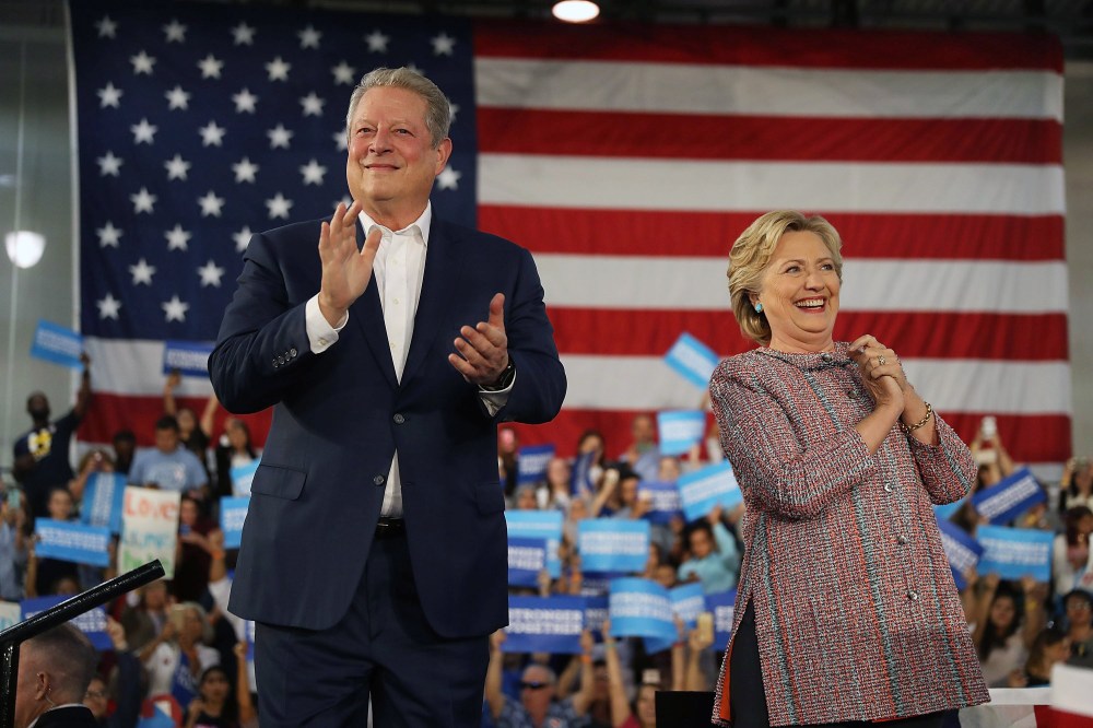 Democratic presidential nominee former Secretary of State Hillary Clinton and former Vice President Al Gore campaign together at the Miami Dade College - Kendall Campus, Theodore Gibson Center on Oct. 11, 2016 in Miami, Fla. (Photo by Joe Raedle/Getty)