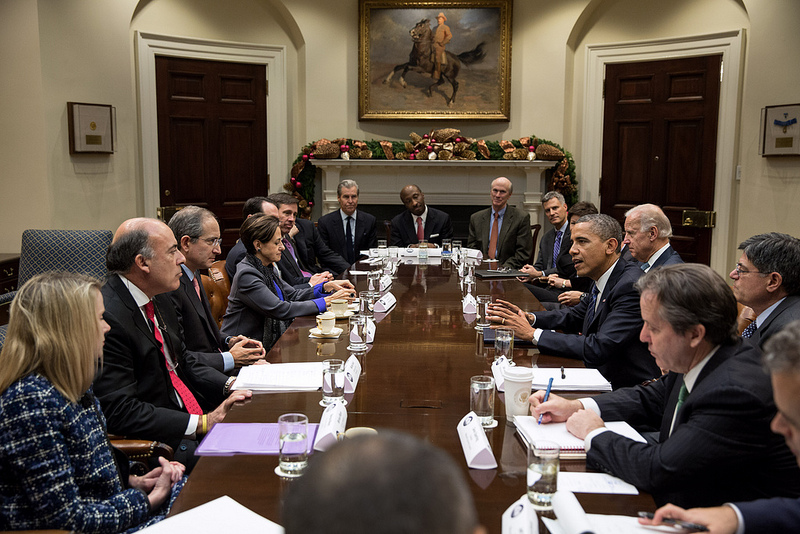President Barack Obama and Vice President Joe Biden meet with business leaders to discuss the fiscal cliff in the White House, Nov. 28, 2012. (Official White House Photo by Pete Souza)