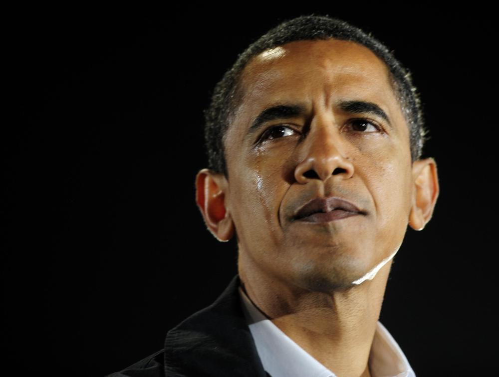 US Democratic presidential candidate Illinois Senator Barack Obama sheds tears while talking about his grandmother Madelyn Dunham who raised him and passed away this morning, during a rally in Charlotte, North Carolina, November 03, 2008.  (Photo by...