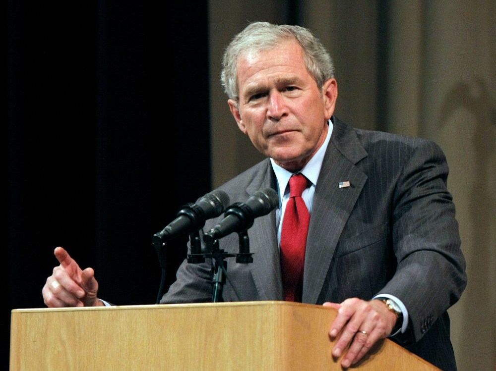 File Photo: Former President George W. Bush speaks at the Economic Club of Southwestern Michigan May 28, 2009 in Benton Harbor, Michigan. Bush was to discuss his presidency and life, as well as the economy and world events in his first speech since...