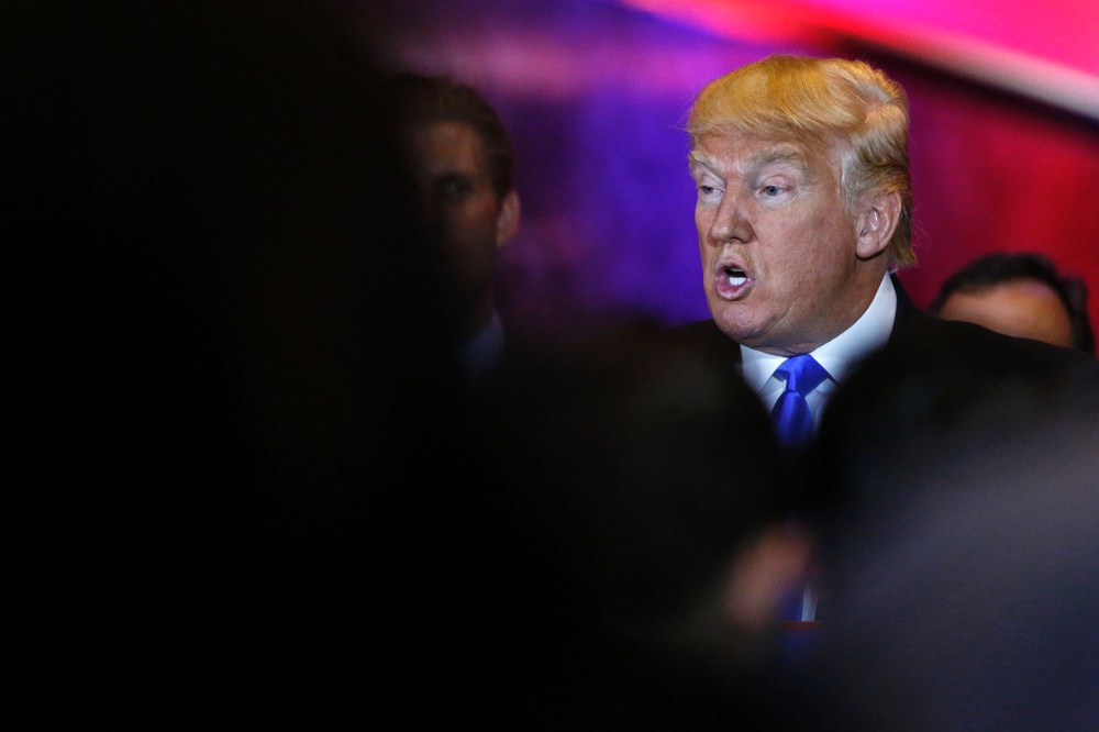 Republican presidential frontrunner Donald Trump addresses a celebration rally at Trump Tower in New York on April 26, 2016. (Photo by Kena Betancur/AFP/Getty)