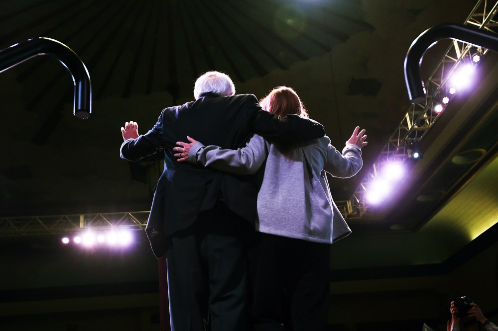 Democratic presidential candidate Bernie Sanders and his wife Jane Sanders wave during a rally in Atlantic City, New Jersey, on May 9, 2016. (Photo by Jewel Samad/AFP/Getty)