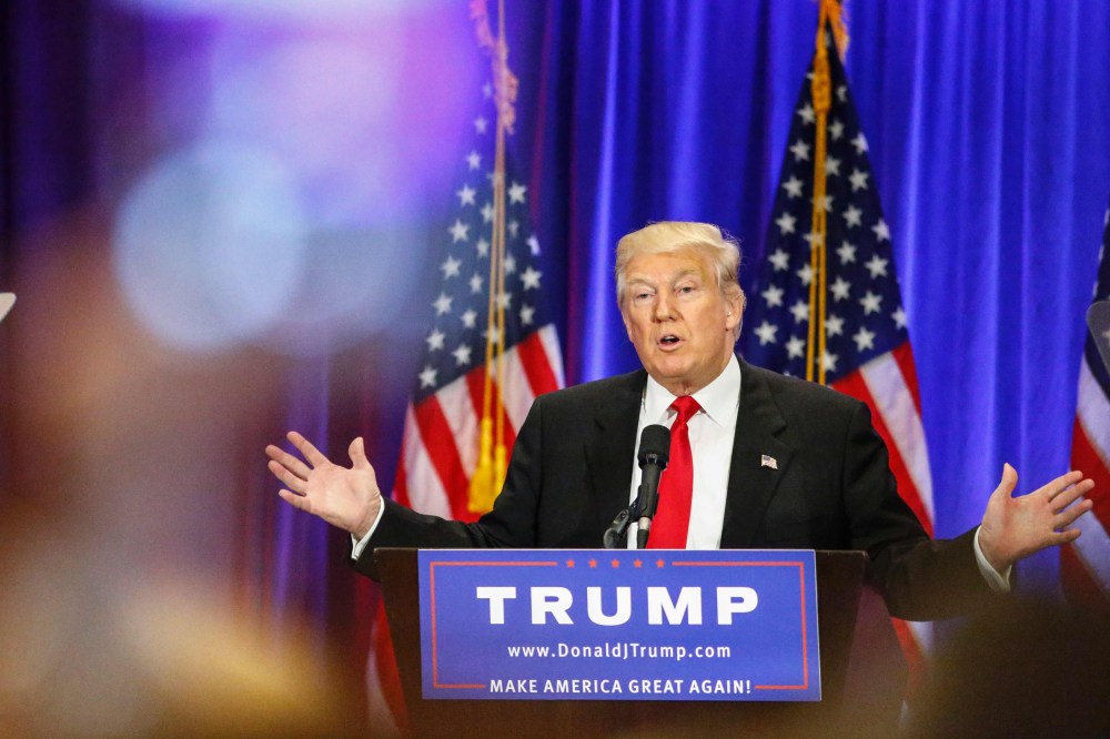 Presumptive Republican presidential nominee Donald Trump speaks at the Trump Soho Hotel in New York on June 22, 2016. (Photo by Kena Betancur/AFP/Getty)