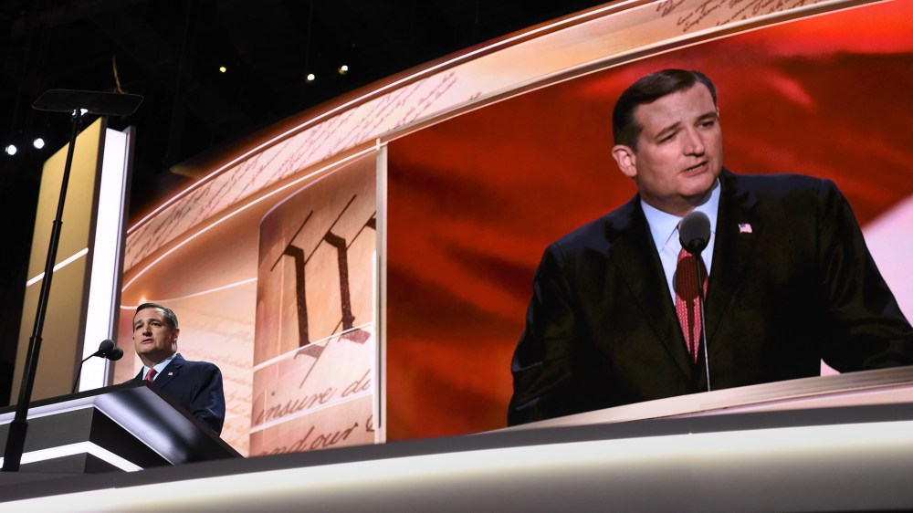 Senator Ted Cruz addresses delegates on day three of the Republican National Convention at the Quicken Loans Arena in Cleveland, Ohio on July 20, 2016. (Photo by Dominick Reuter/AFP/Getty)
