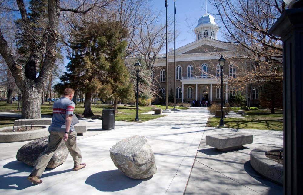 In this April 7, 2010 photo, security changes at the Capitol, in Carson City, Nev., include several boulders placed around the entrances.