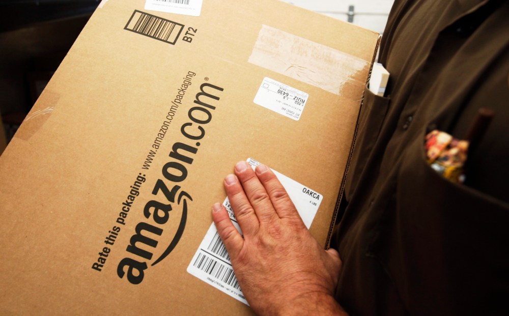 An Amazon.com package is prepared for shipment in Palo Alto, Calif.