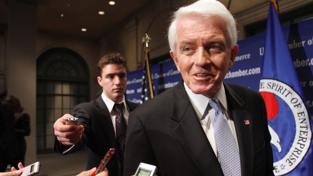 Thomas J. Donohue, President and CEO of the U.S. Chamber of Commerce, answers questions after speaking at his annual "State of American Business" address at the Chamber of Commerce in Washington