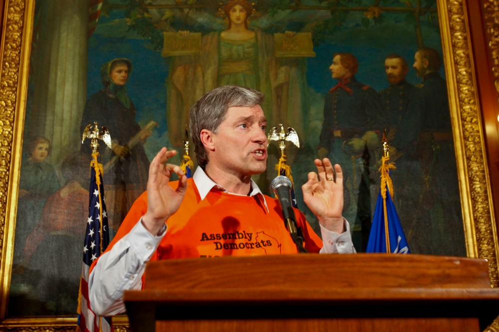 Wisconsin Rep. Brett Hulsey, D-Madison, talks to the media in an impromptu news conference in the governor's conference room at the state Capitol in Madison, Wis., Feb. 23, 2011.