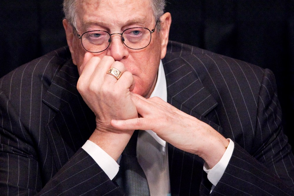 David Koch, executive vice president of Koch Industries, attends a meeting, April 11, 2011, in New York, NY. (Photo by Mark Lennihan/AP)