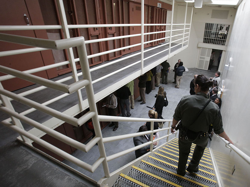 Reporters inspect one of the two-tiered cell pods in the Secure Housing Unit at the Pelican Bay State Prison near Crescent City, Calif., Wednesday, Aug. 17, 2011.  (Photo by Rich Pedroncelli/AP)