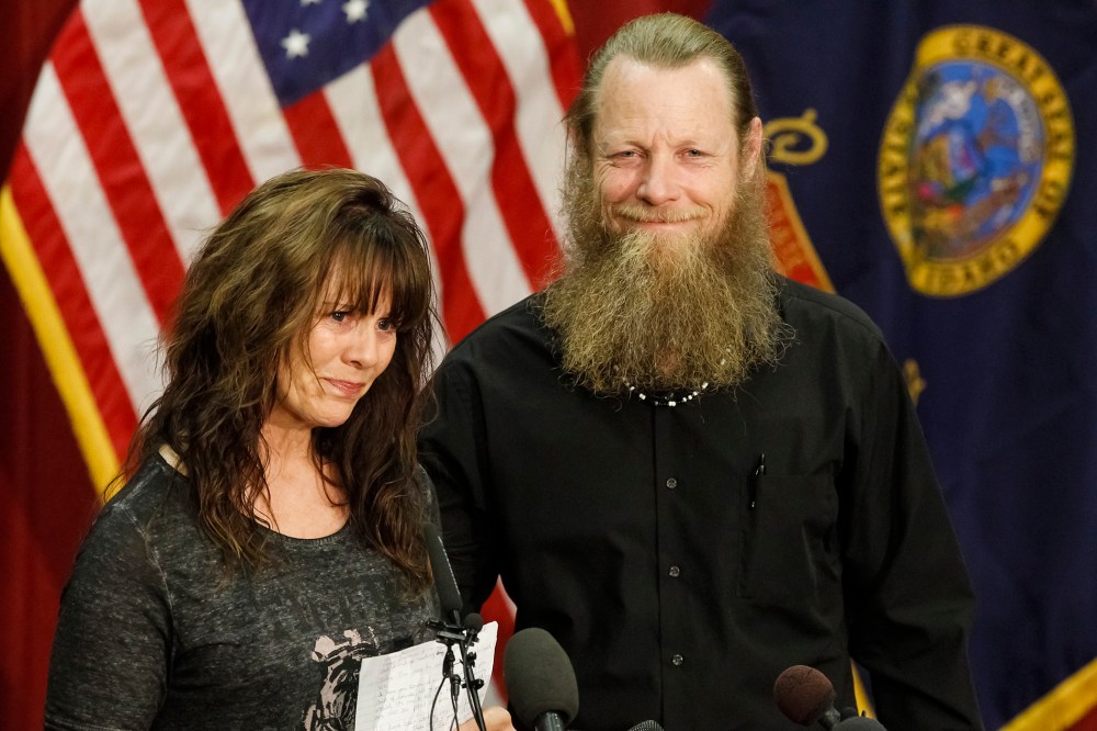 Jani and Bob Bergdahl speak to the media during a press conference at Gowen Field in Boise, Idaho, June 1, 2014.