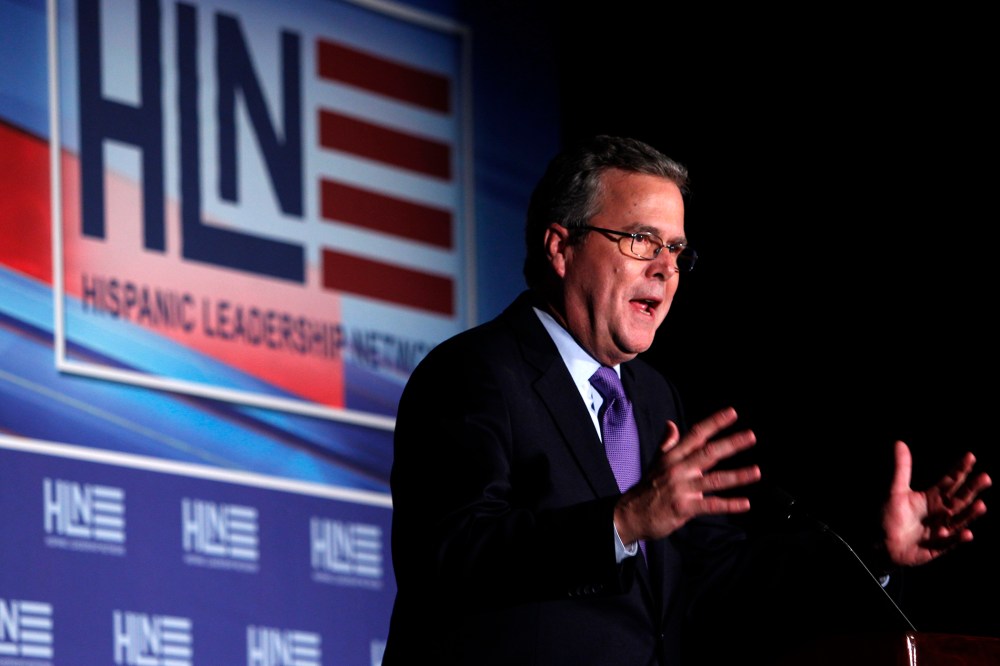 Former Fla. Gov. Jeb Bush gestures as he speaks at the Hispanic Leadership Network's conference, Jan. 26, 2012.