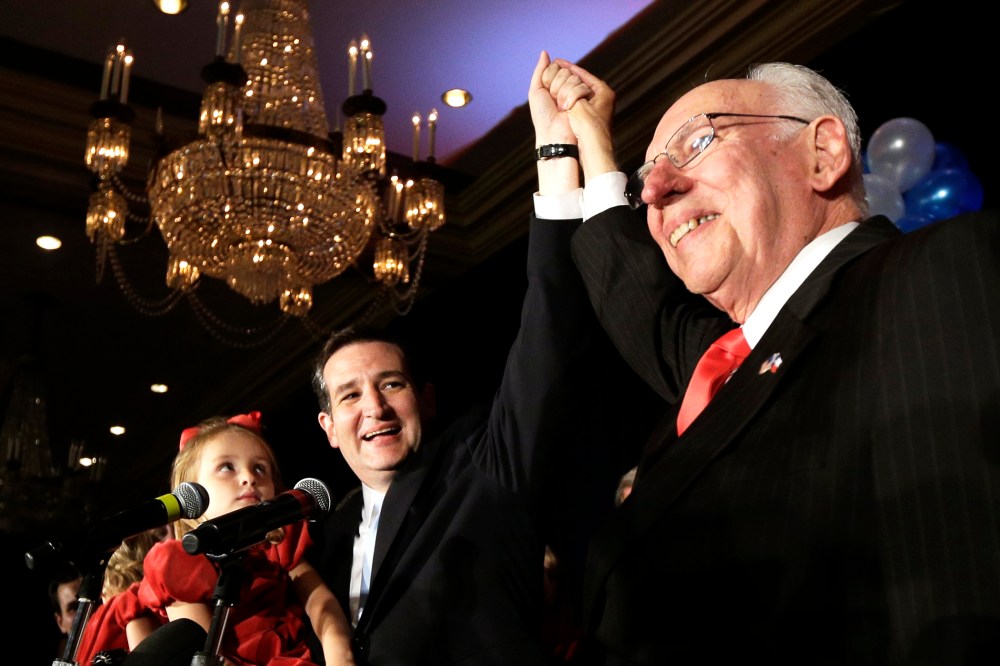 Ted Cruz with his father, Rafael, during a victory speech, Nov. 6, 2012.