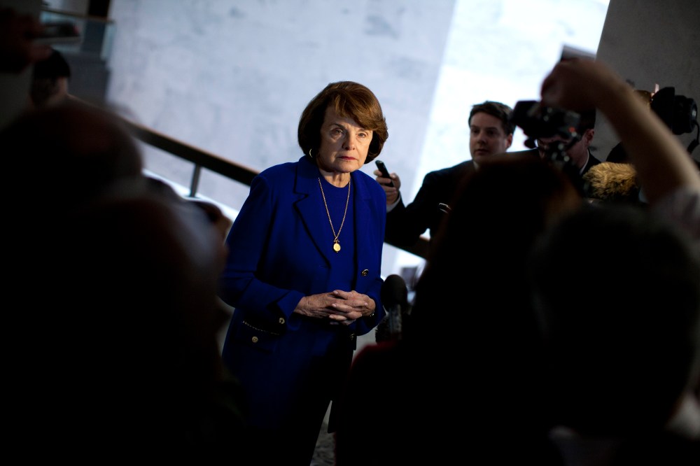 Senate Intelligence Committee Chair Sen. Dianne Feinstein, D-Calif. speaks with reporters on Capitol Hill in Washington, Tuesday, March 5, 2013, after a closed-door committee vote on CIA director nominee John Brennan.