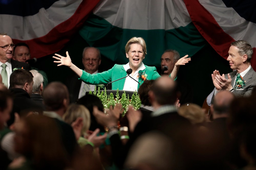 Senator Elizabeth Warren, (D-MA) speaks the annual St. Patrick's Day breakfast in Boston's South Boston neighborhood, on March 17, 2013.