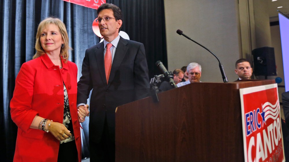 House Majority Leader Eric Cantor, R-Va., and his wife, Diana, leave the stage after his concession speech in Richmond, Va., June 10, 2014.