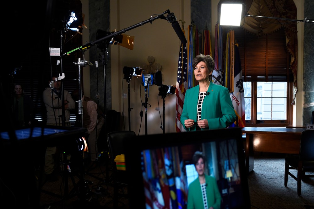 Sen. Joni Ernst, R-Iowa rehearses her remarks for the Republican response to President Obama's State of the Union address, Tuesday, Jan. 20, 2015, on Capitol Hill in Washington, D.C. (Photo by Susan Walsh/AP)
