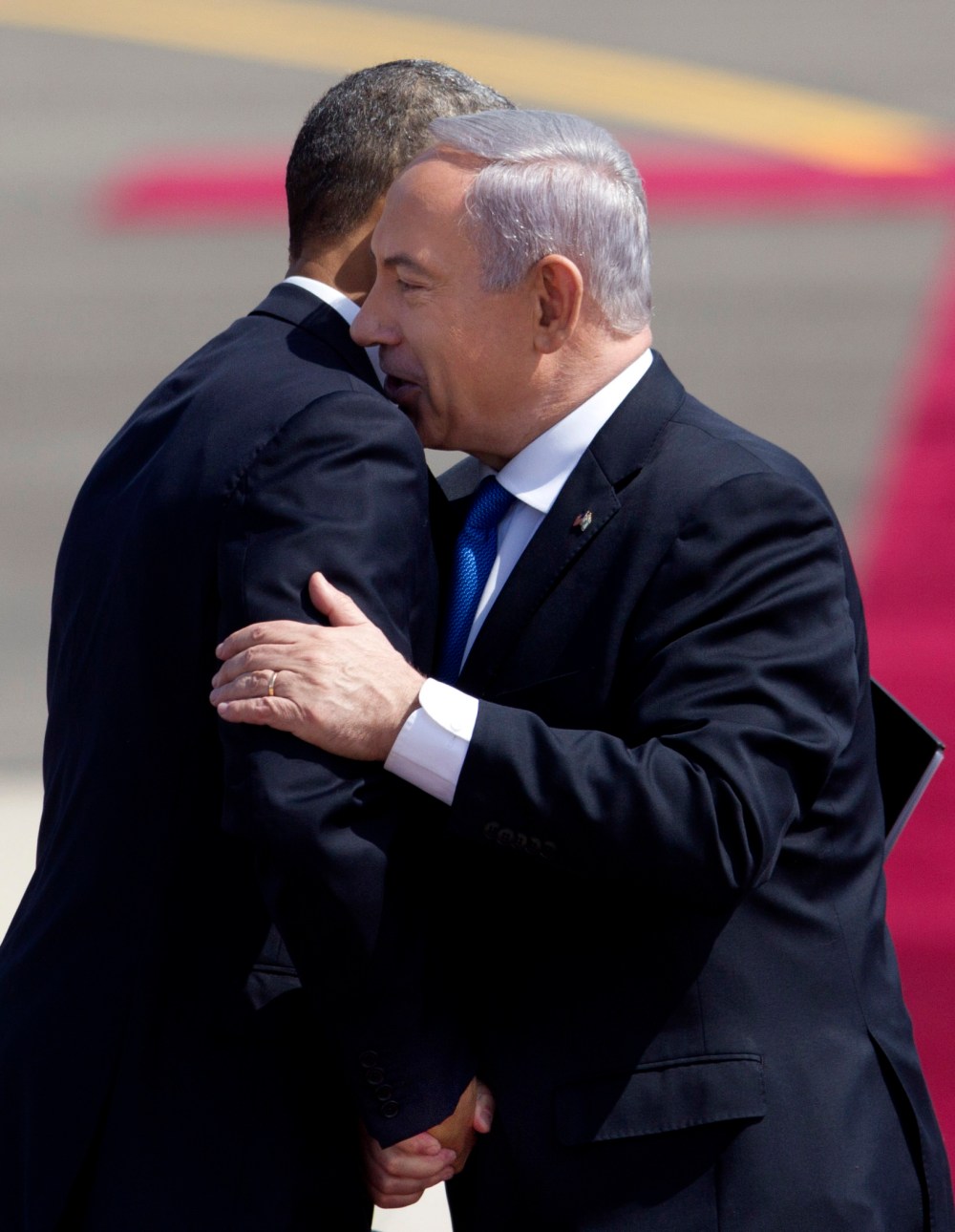 US President Barack Obama, left, and Israel's Prime Minister Benjamin Netanyahu shake hands after Netanyahu's speech during a welcoming ceremony upon Obama's arrival at Ben Gurion airport near Tel Aviv, Israel, Wednesday, March 20, 2013. President...