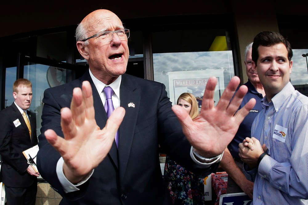 Republican Sen. Pat Roberts talks to supporters during a campaign stop on Sept. 24, 2014, in Overland Park, Kan.