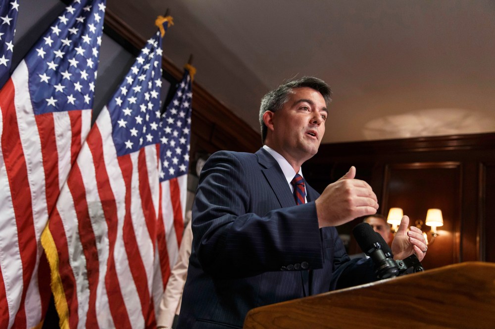 Rep. Cory Gardner, R-Colo., who is challenging Sen. Mark Udall, D-Colo., for his Senate seat, speaks to reporters after meeting with the House Republican caucus on Capitol Hill in Washington, D.C., on June 24, 2014.