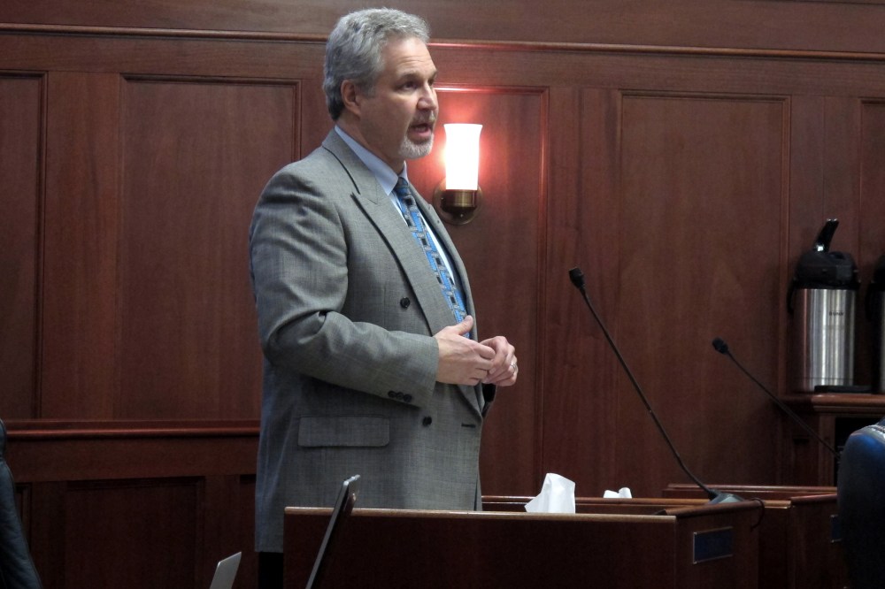 Alaska State Sen. Pete Kelly, R-Fairbanks, speaks on the floor of the Alaska Senate on Feb. 7, 2014, in Juneau, Alaska.