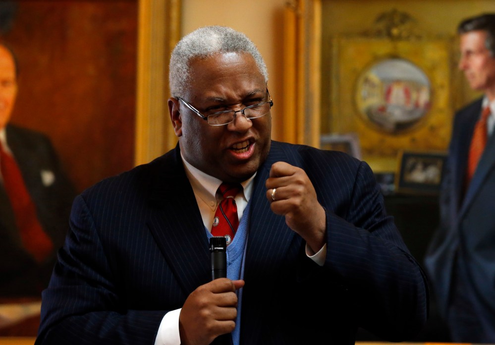 Sen. A. Donald McEachin, D-Henrico, angrily accused the Republican members of the Senate of "plantation politics" Tuesday Jan. 22, 2013 in Richmond, Va., regarding the vote Monday on a redistricting plan passed in the Senate in Richmond. (AP Photo...
