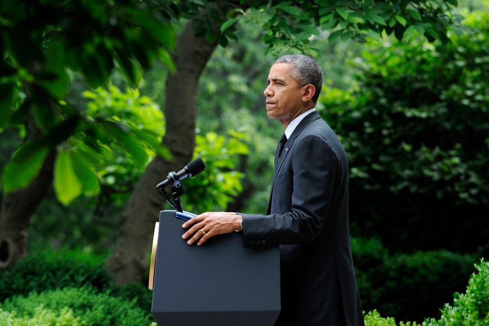 President Barack Obama pauses while speaking about the future of US troops in Afghanistan, May 27, 2014, in the Rose Garden of the White House in Washington, D.C.