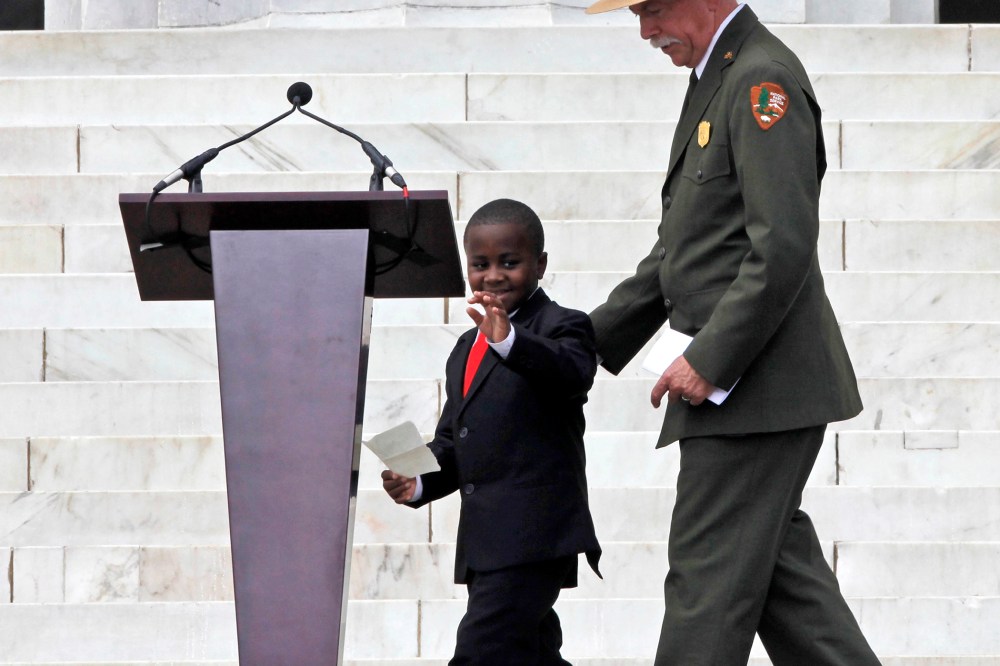 Robby Novak, also known as Kid President, takes the stage for the 50th Anniversary of the March on Washington, Aug. 28, 2013, in front of the Lincoln Memorial in Washington.