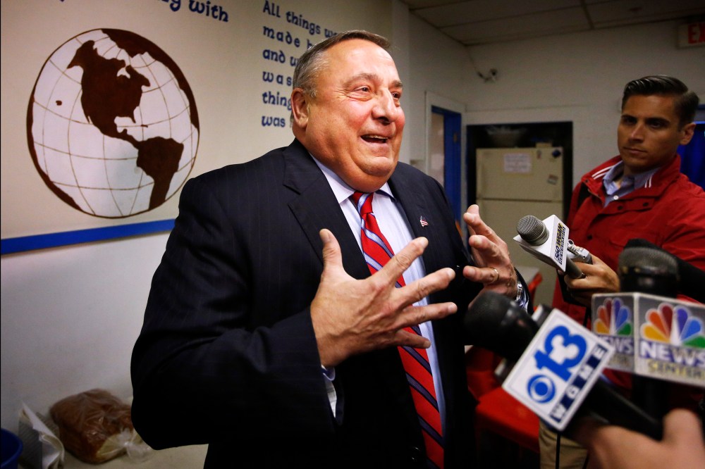 Maine Gov. Paul LePage speaks to the media at a homeless shelter on July 28, 2014, in Lewiston, Maine.