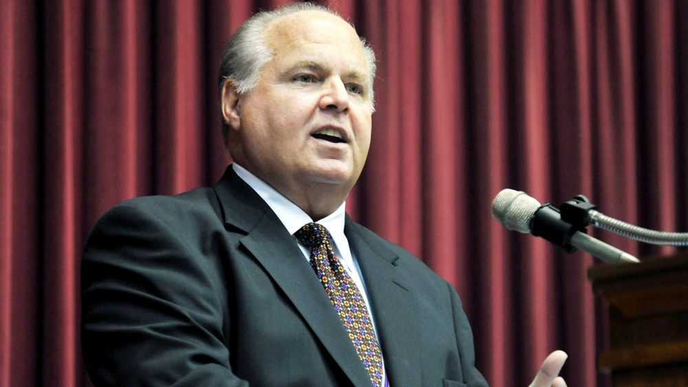This May 14, 2012 file photo shows conservative commentator Rush Limbaugh speaking during an event in Jefferson City, Mo. (Photo by Julie Smith/AP)