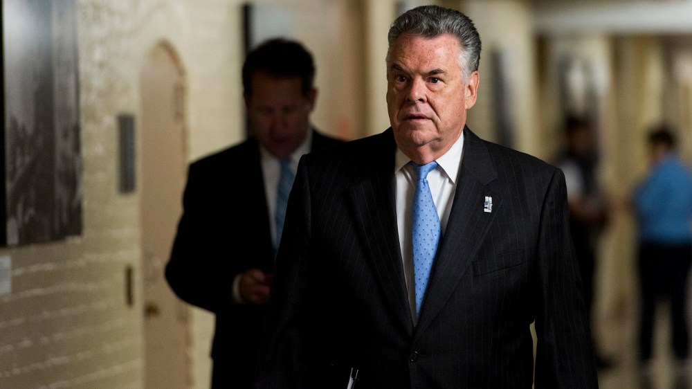 Rep. Peter King, R-N.Y., arrives for the House Republican Conference meeting in the basement of the Capitol on May 29, 2014. (Photo by Bill Clark/CQ Roll Call/Getty)