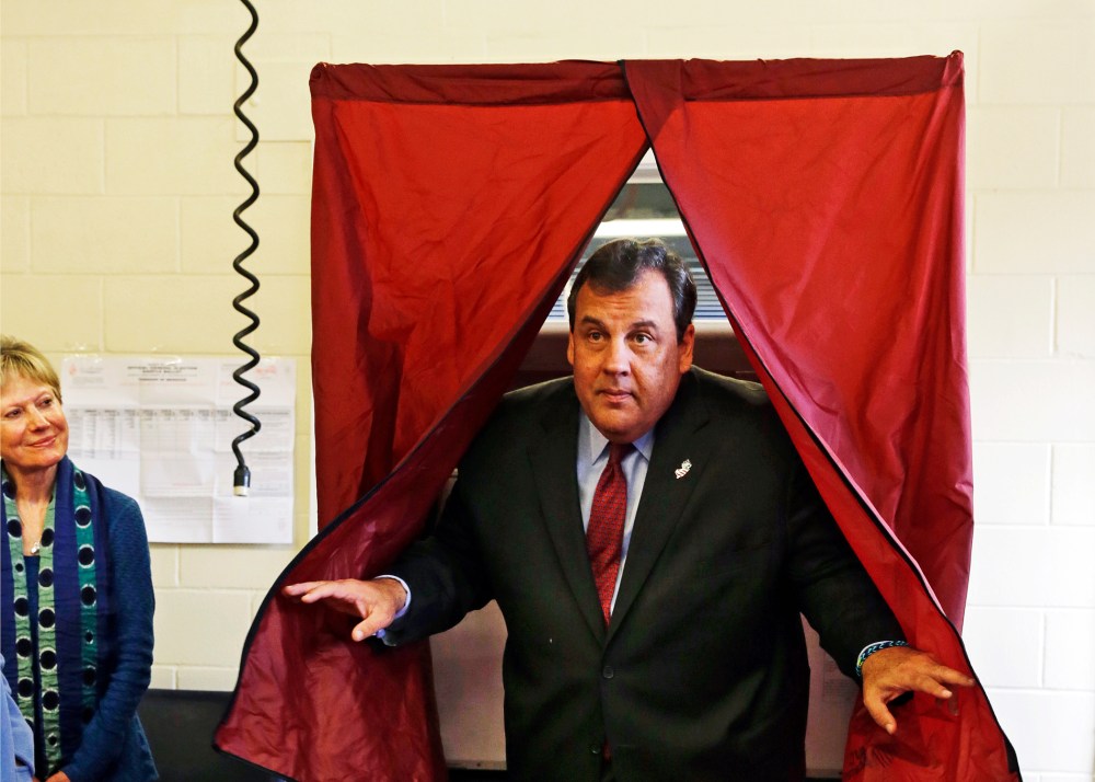 Republican New Jersey Gov. Chris Christie steps from the booth after voting in Mendham Township, N.J., Tuesday, Nov. 5, 2013.