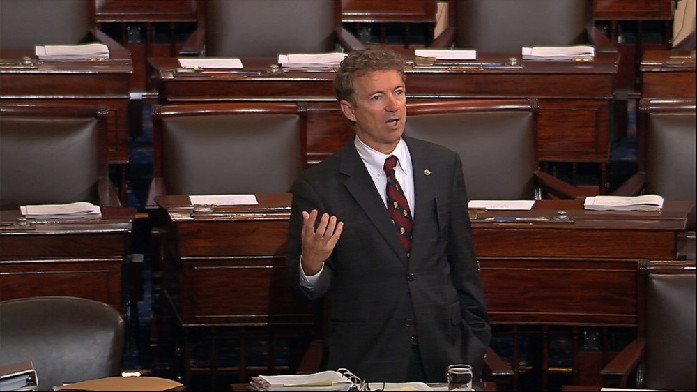 Sen. Rand Paul, R-Ky., and a Republican presidential contender, speaks on the floor of the U.S. Senate, May 20, 2015, at the Capitol in Washington, during a long speech opposing renewal of the Patriot Act. (Photo by Senate TV/AP)