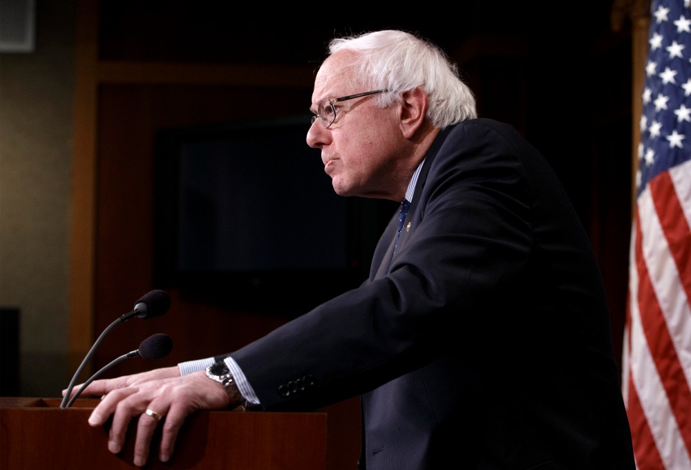 Sen. Bernie Sanders pauses during a news conference on Capitol Hill in Washington on Jan. 16, 2015, to discuss Republican efforts to cut Social Security and Medicare and other programs. (Photo by J. Scott Applewhite/AP)