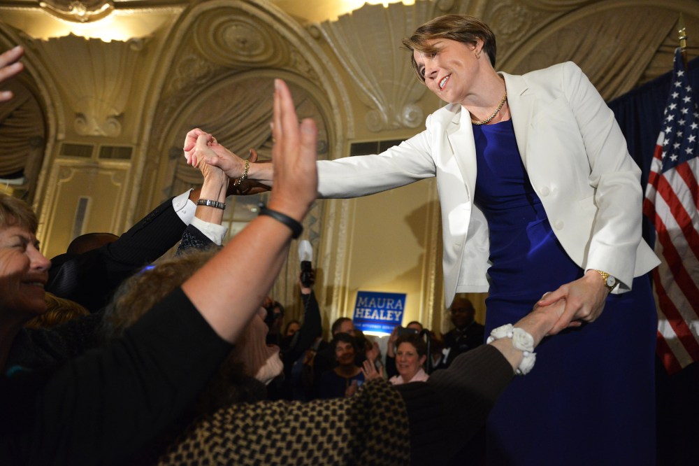 Attorney General-elect Maura Healey celebrates her victory on Nov. 4, 2014 in Boston, Mass.