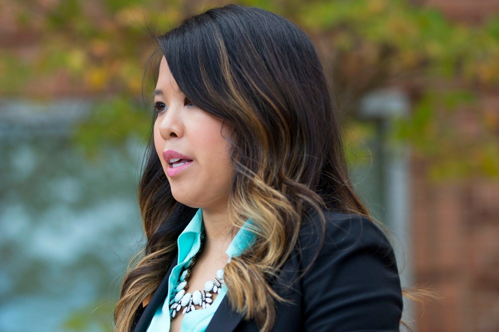 Nina Pham speaks outside of National Institutes of Health (NIH) in Bethesda, Md., Oct. 24, 2014. (Photo by Pablo Martinez Monsivais/AP)