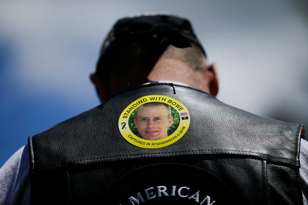 In this Saturday, June 22, 2013 file photo, Gulf War veteran Ron Coumerilh wears a sticker to support captive U.S. Army Sgt. Bowe Bergdahl at the "Bring Bowe Back" celebration in Hailey, Idaho.