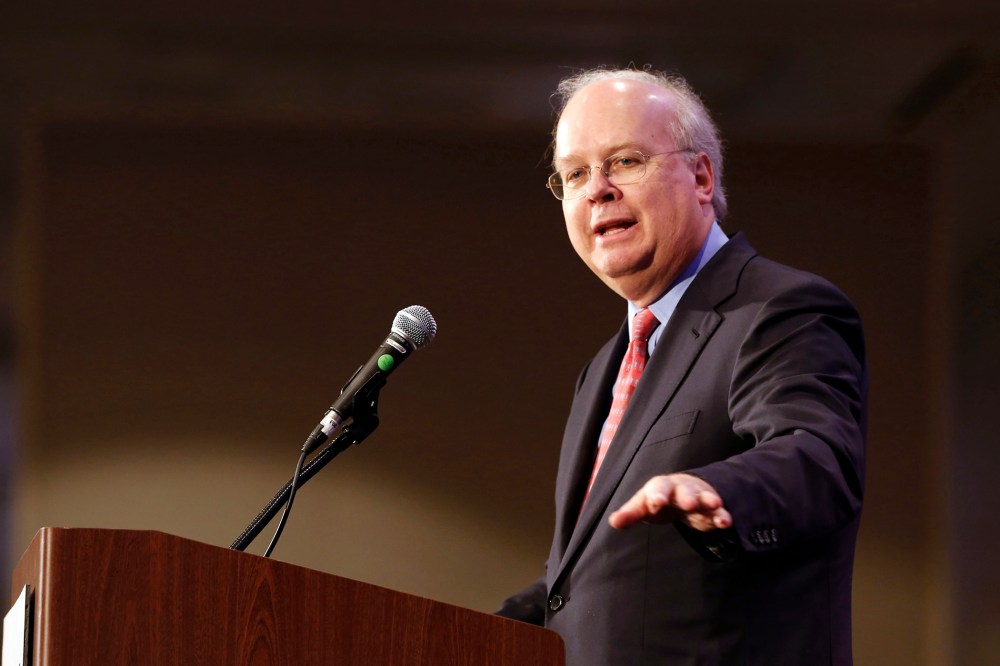 Republican strategist Karl Rove gestures while at a luncheon at the California Republican Party convention, in Sacramento, Calif., Saturday, March 2, 2013.