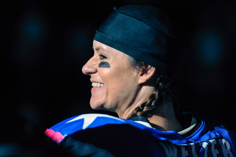 Then-Texas Revolution running back Jen Welter during pre game activities prior to the Revolution playing the Cedar Rapids Titans in an Indoor Football League game at the Allen Event Center Friday, Feb. 21, 2014. (Photo by Cal Sport Media/AP)
