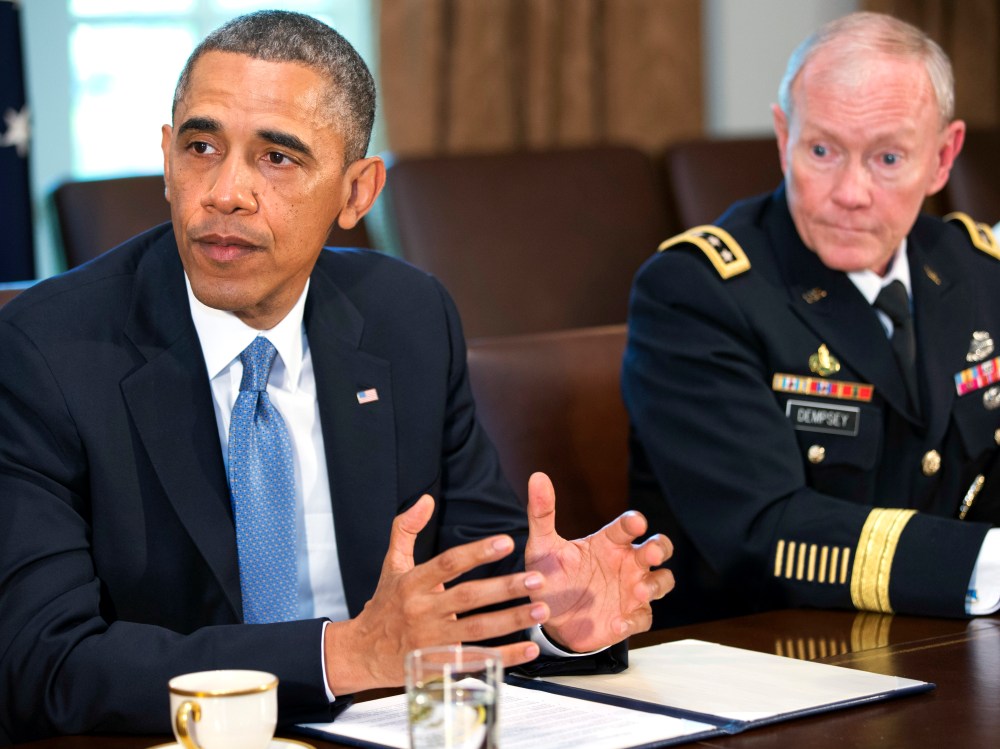 President Barack Obama speaks during a meeting with Joint Chiefs Chairman Gen. Martin Dempsey, left, Defense Secretary Chuck Hagel, and the service secretaries, service chiefs, and senior enlisted advisers to discuss sexual assault in the military in...