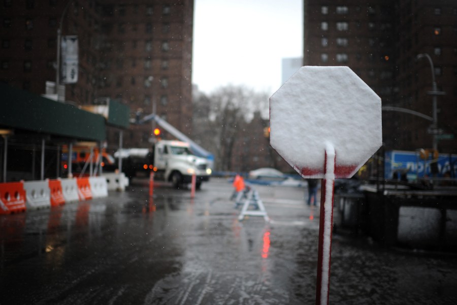 08 FEBRUARY 2013 - New York - A snow-covered stop sign is a prelude to what weather experts have predicted will be a severe winter storm to hit the Northeast over the next 24hrs on February 8, 2013, New York, NY. Blizzard conditions are expected with...