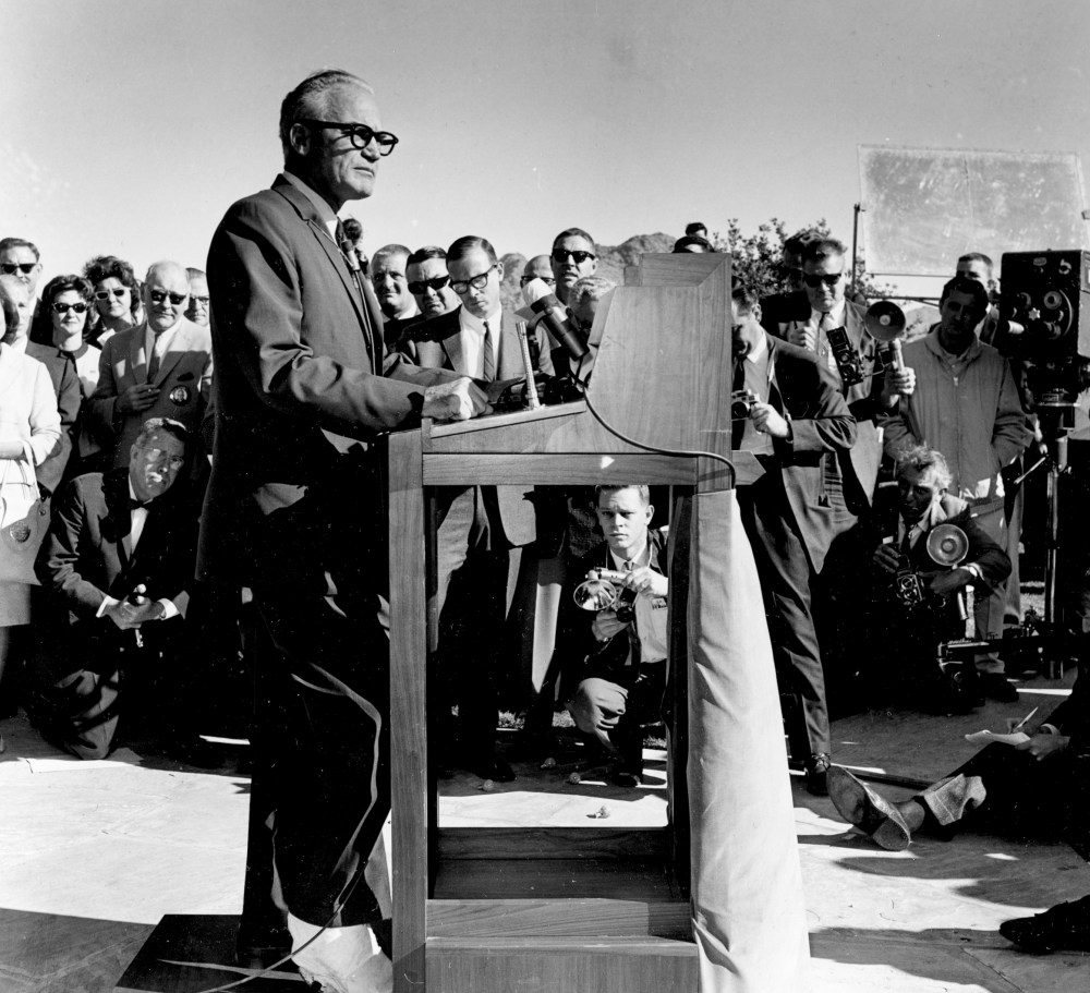 Arizona Republican Sen. Barry M. Goldwater announces his candidacy for the U.S. presidency in Phoenix, Ariz., Jan. 3, 1964.  The senator is wearing a cast on his right foot.  (AP Photo)