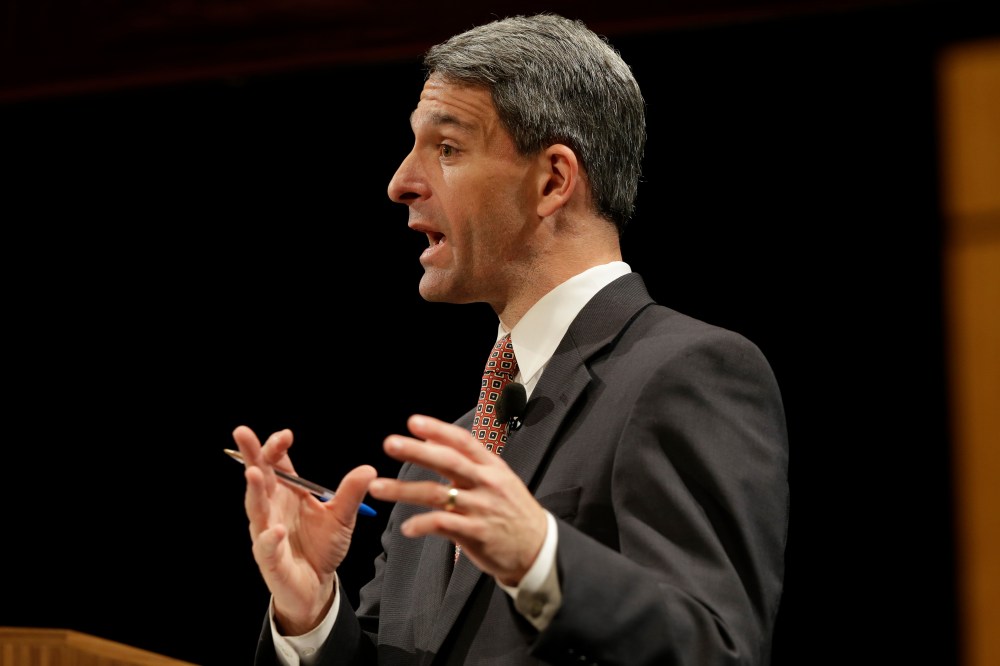 Republican gubernatorial candidate Virginia Attorney General Ken Cuccinelli, gestures during a debate at Virginia Tech in Blacksburg, Va., Thursday, Oct. 24, 2013.