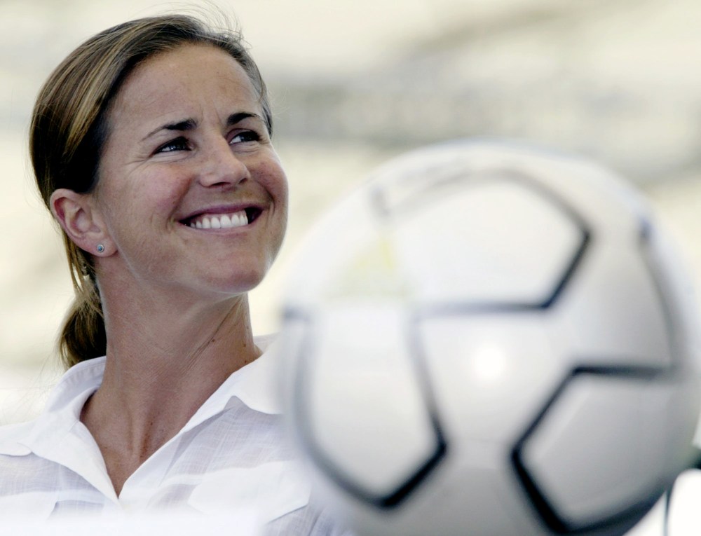 In this May 13, 2004 file photo, San Jose CyberRays soccer star Brandi Chastain is shown during a news conference in Carson, Calif. (Photo by Nick Ut/AP)