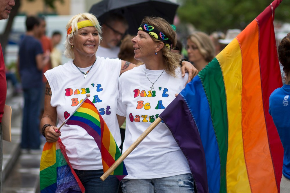 Kimmy Denny and her partner, Barb Lawrence, drove three hours for the to be at the court hearing on gay marriage in Miami, Fla., July 2, 2014.