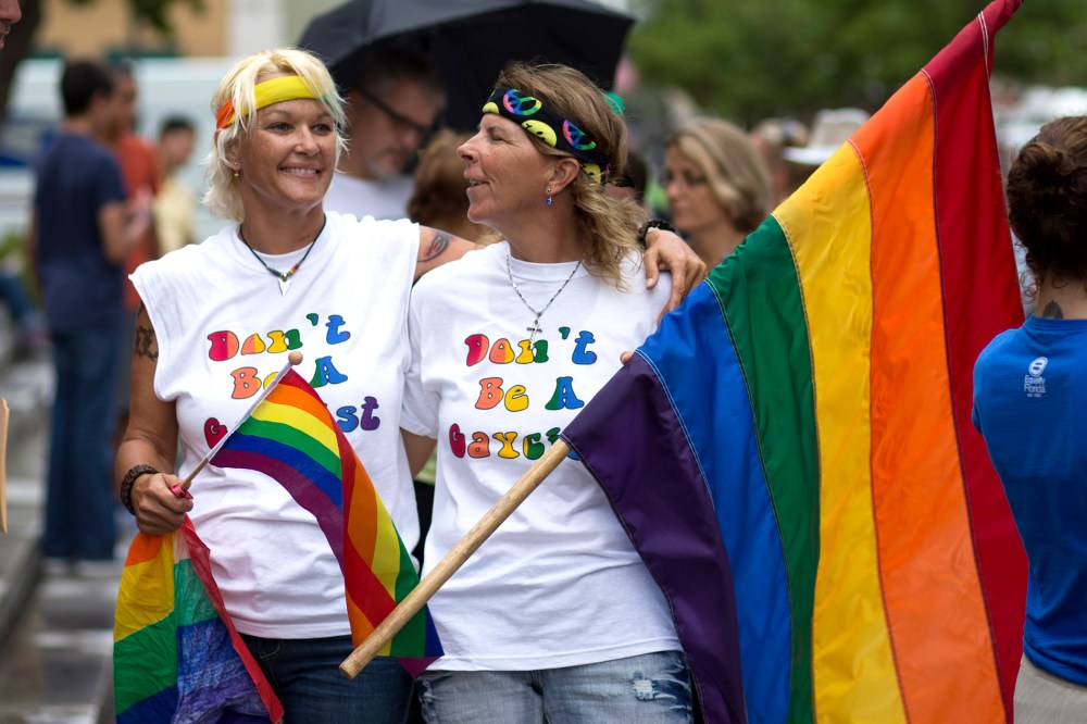 Kimmy Denny and her partner, Barb Lawrence, drove three hours for the to be at the court hearing on gay marriage in Miami, Fla., July 2, 2014.