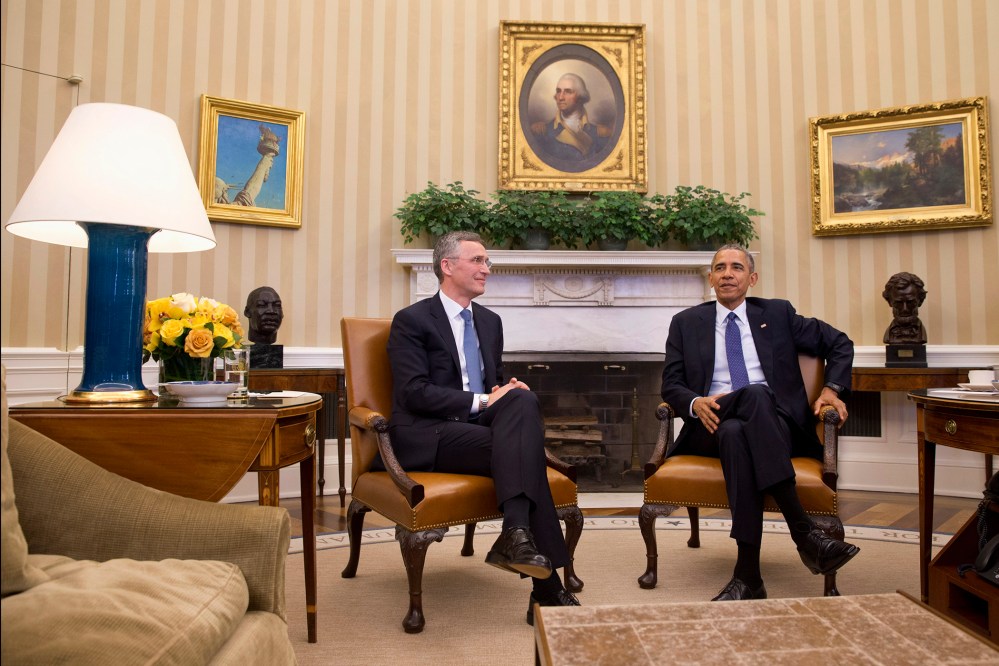 President Barack Obama meets with NATO Secretary General Jens Stoltenberg in the Oval Office of the White House in Washington, April 4, 2016. (Photo by Jacquelyn Martin/AP)