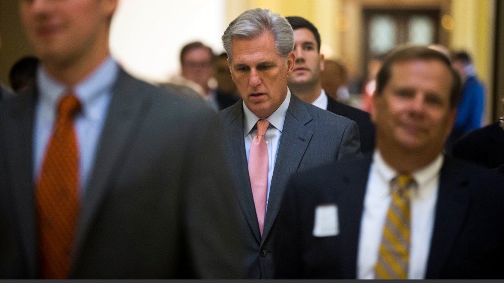 House Majority Leader Kevin McCarthy leaves the House Chamber after the House approved a stopgap spending bill to keep the federal government open, Sept. 30, 2015, on Capitol Hill in Washington. (Photo by Andrew Harnik/AP)